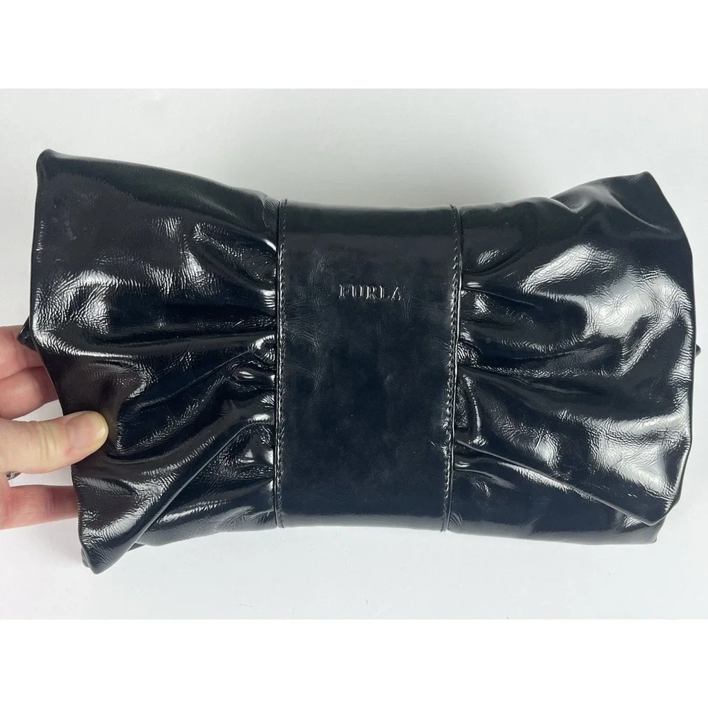 FURLA Made In Italy Patent Leather Clutch Bow Black